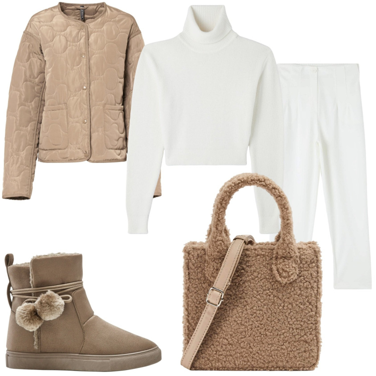 Outfit donna - Giornata fredda. Stile Trendy per Tutti i giorni. Abbinamento con giacche, stivaletti, pantaloni chino, shopping bag, maglieria.