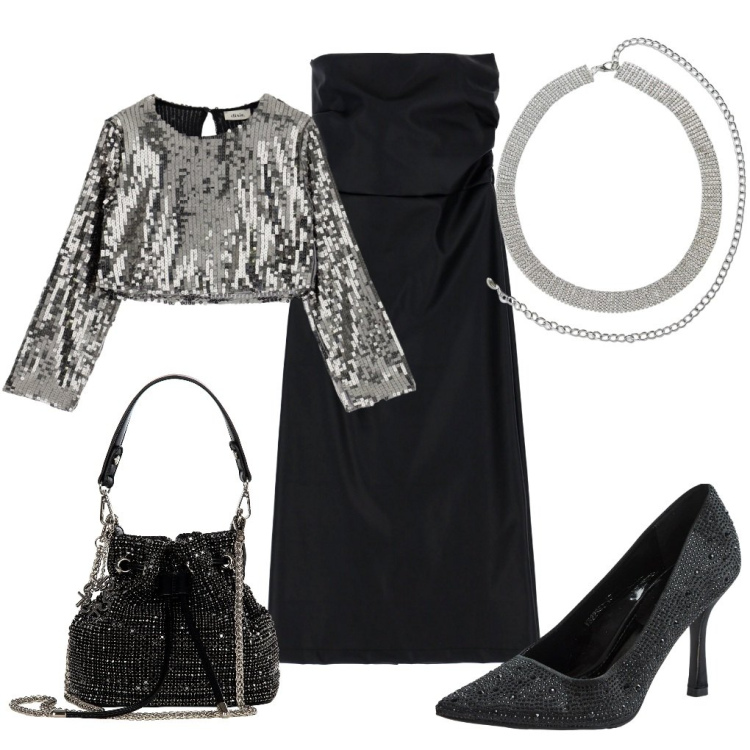 Outfit donna - Serata glamour. Stile Glamour per Serata fuori. Abbinamento con cinture, décolleté, borse a secchiello, vestiti midi/longuette, blazer.