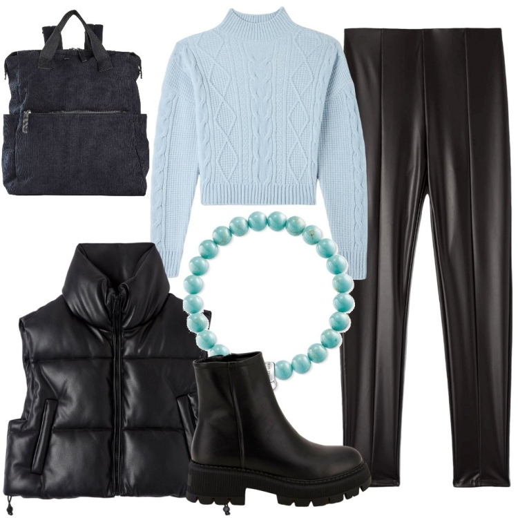 Outfit donna - Pronti .. Via!. Stile Basic per Scuola/Università. Abbinamento con zaini, leggings, maglieria, piumini, stivaletti, braccialetti.