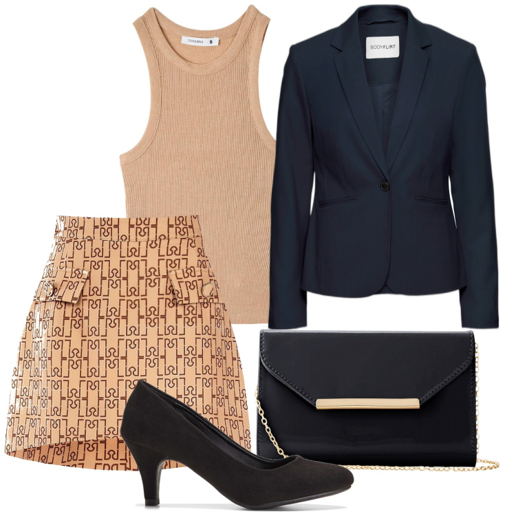 Outfit donna - Acquisti per la primavera. Stile Glamour per Serata fuori. Abbinamento con décolleté, blazer, pochette, canottiere, minigonne.