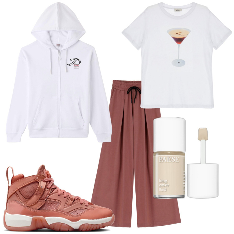 Outfit donna - Stampa dietro. Stile Casual per Tutti i giorni. Abbinamento con fondotinta, felpe con cappuccio, pantaloni a palazzo, t-shirt, sneakers.