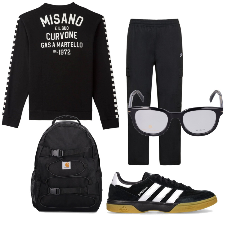 Outfit uomo - Total look #1804494. Stile Biker Rock per Tutti i giorni. Abbinamento con felpe, occhiali da sole, pantaloni cargo, sneakers, borse sportive.