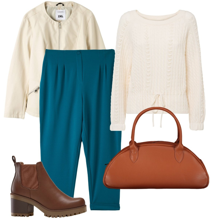 Outfit donna - Pantalone blu petrolio. Stile Basic per Ufficio. Abbinamento con stivaletti chelsea, maglieria, pantaloni chino, blazer, borse a spalla.