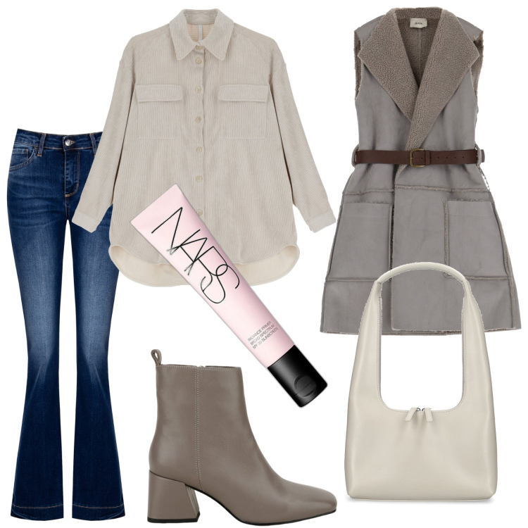 Outfit donna - Total look #1804509. Stile Casual chic per Tutti i giorni. Abbinamento con primer, jeans a zampa, camicie, blazer, stivaletti, borse a spalla.