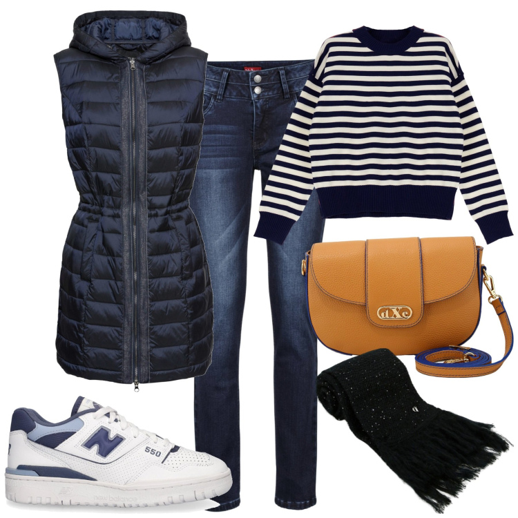 Outfit donna - City. Stile Basic per Tutti i giorni. Abbinamento con jeans, piumini, pullovers, pochette, sciarpe, sneakers.