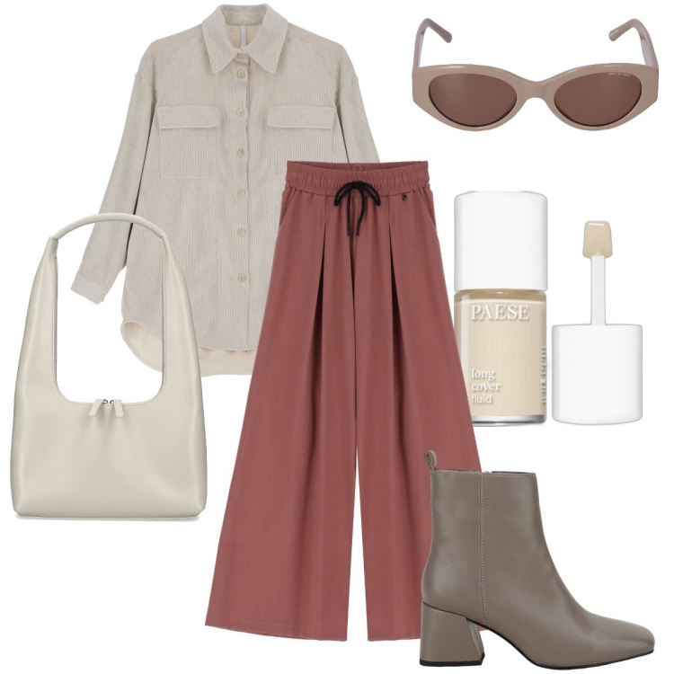 Outfit donna - Velluto sabbia. Stile Trendy per Tutti i giorni. Abbinamento con fondotinta, camicie, pantaloni a palazzo, stivaletti, occhiali da sole, borse a spalla.