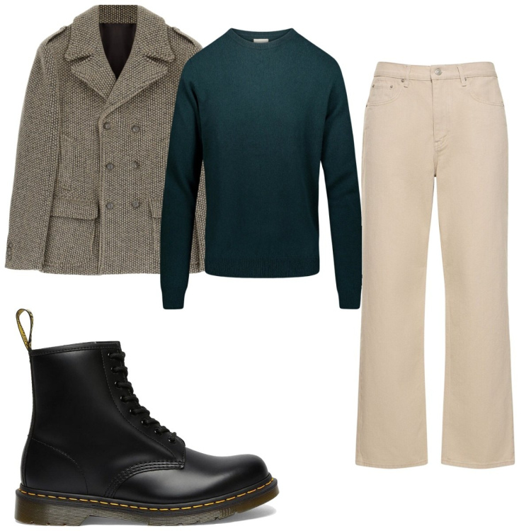 Outfit uomo - Total look #1804520. Stile Trendy per Tutti i giorni. Abbinamento con cappotti, maglieria, stivali, jeans.
