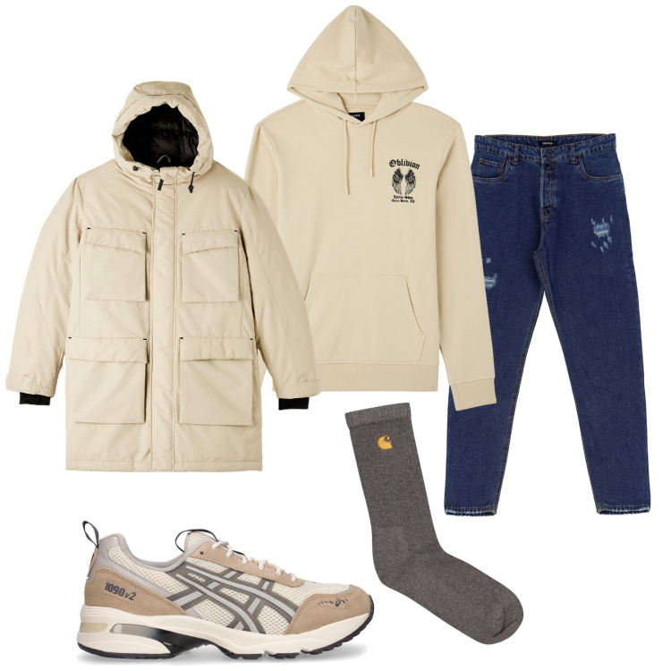 Outfit uomo - Total look #1804521. Stile Casual per Tutti i giorni. Abbinamento con felpe con cappuccio, parka, jeans dritti, sneakers, calzini.