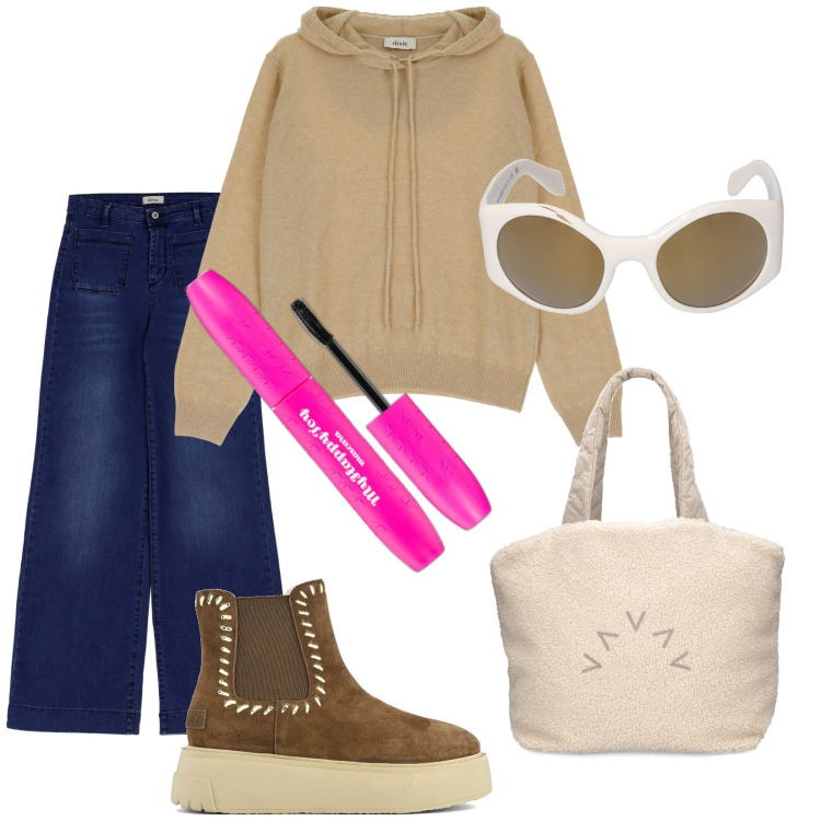 Outfit donna - Total look #1804532. Stile Urban per Tutti i giorni. Abbinamento con mascara, jeans, felpe con cappuccio, occhiali da sole, stivaletti, shopping bag.