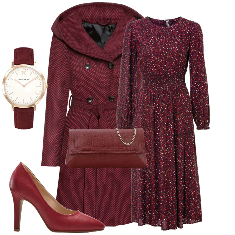 Outfit donna - Red. Stile Romantica per Tutti i giorni. Abbinamento con vestiti midi/longuette, cappotti, décolleté, pochette, orologi.