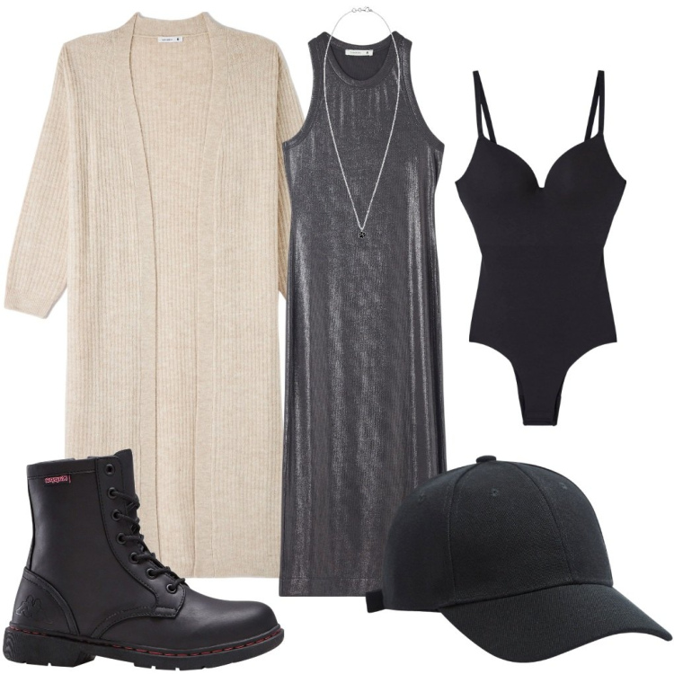 Outfit donna - Sottosopra 2024. Stile Basic per Scuola/Università. Abbinamento con stivaletti, vestiti midi/longuette, cappelli, cardigans, body, collane.