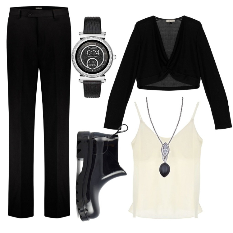 Outfit donna - Sobrietà in ufficio. Stile Chic per Ufficio. Abbinamento con maglieria, canottiere, stivali, pantaloni, orologi digitali, collane.