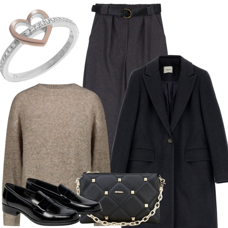 Outfit donna - City. Stile Chic per Tutti i giorni. Abbinamento con pochette, pantaloni, cappotti, maglieria, anelli, mocassini.