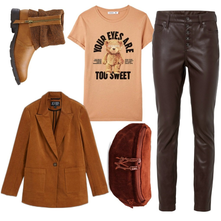 Outfit donna - Tour eyes. Stile Casual per Scuola/Università. Abbinamento con stivaletti, pantaloni, blazer, t-shirt, marsupi.