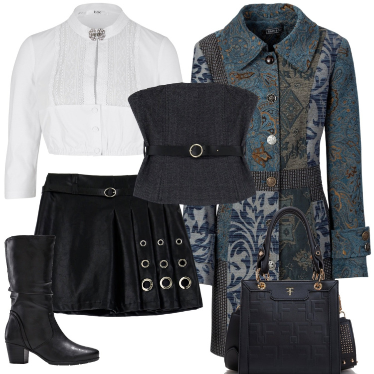 Outfit donna - Trendy e romantica. Stile Preppy per Serata fuori. Abbinamento con cappotti, stivali, camicie, borse tote, top, minigonne.