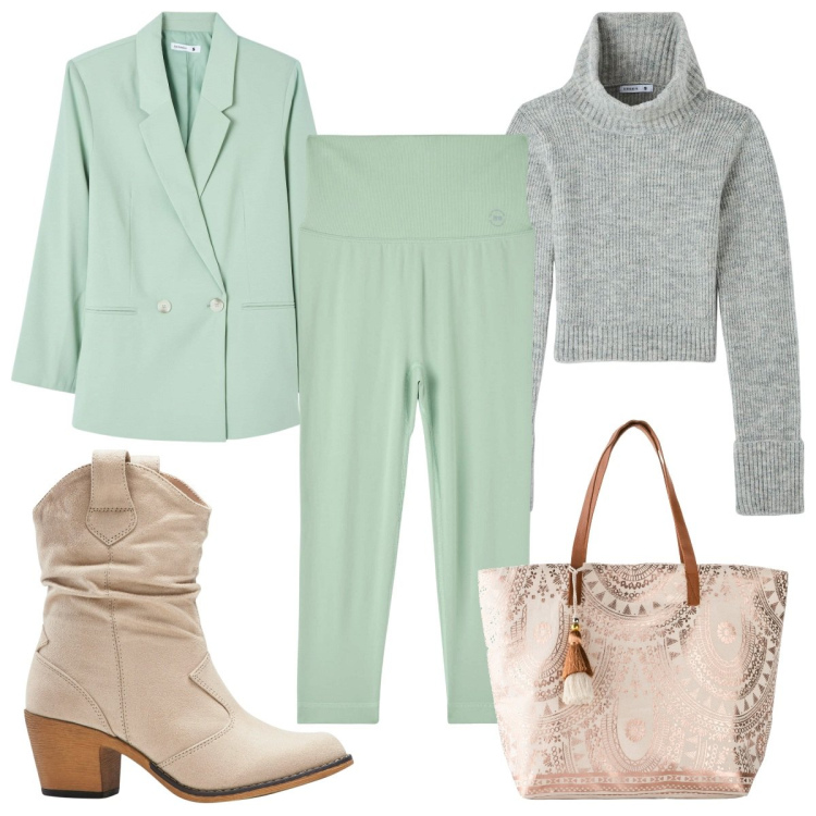 Outfit donna - Total look #1804584. Stile Trendy per Tutti i giorni. Abbinamento con stivaletti texani, shopping bag, leggings, maglieria, blazer.