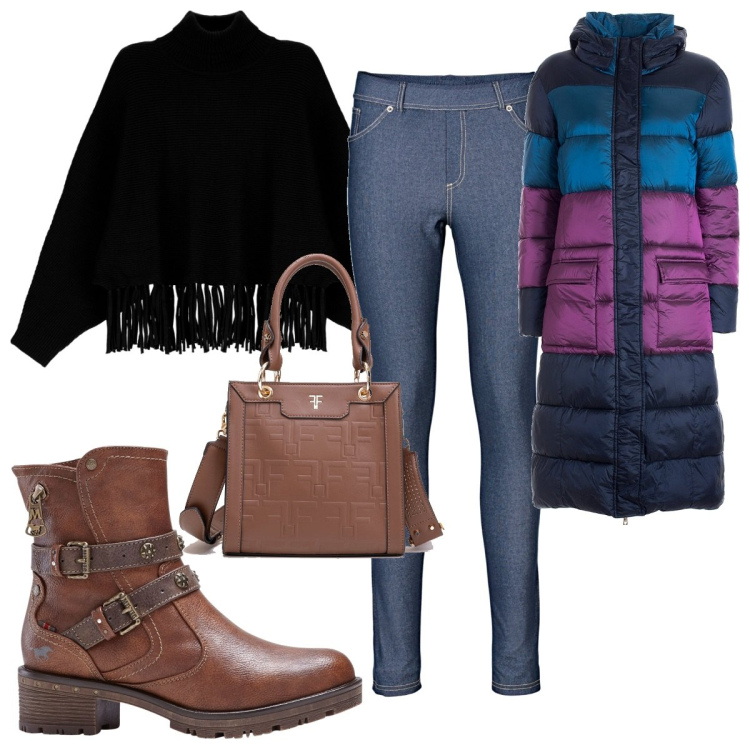 Outfit donna - Total look #1804586. Stile Trendy per Tutti i giorni. Abbinamento con jeggings, stivaletti, maglieria, piumini, borse tote.