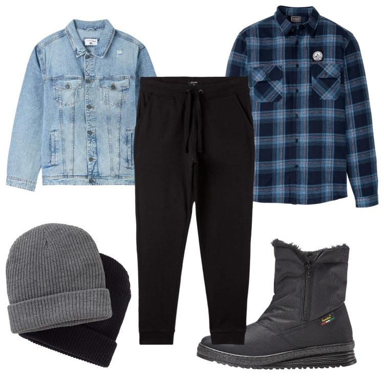 Outfit uomo - Total look #1804587. Stile Casual per Tutti i giorni. Abbinamento con stivali e stivaletti, berretti, camicie, giacche, pantaloni sportivi.