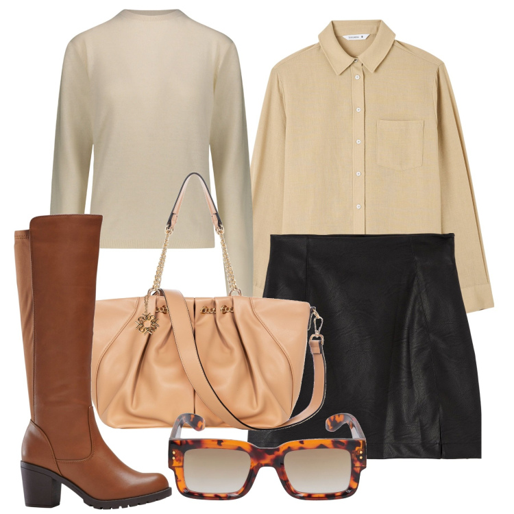 Outfit donna - Inverno. Stile Bon Ton per Ufficio. Abbinamento con stivali, minigonne, camicie, borse a spalla, pullovers, occhiali da sole.