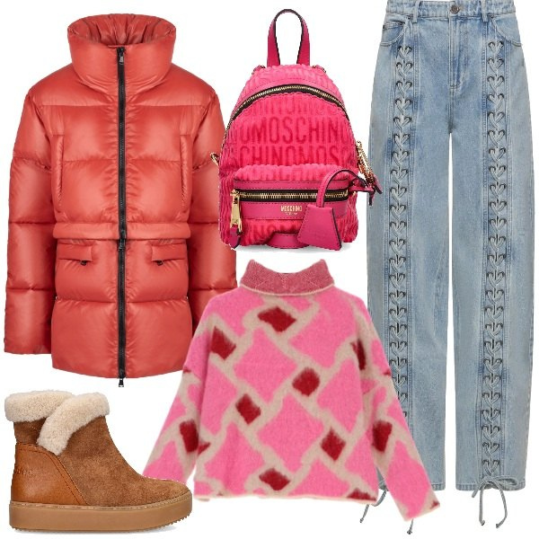 Outfit donna - In montagna. Stile Sporty chic per Tutti i giorni. Abbinamento con maglieria, piumini, zaini, stivaletti, pantaloni.