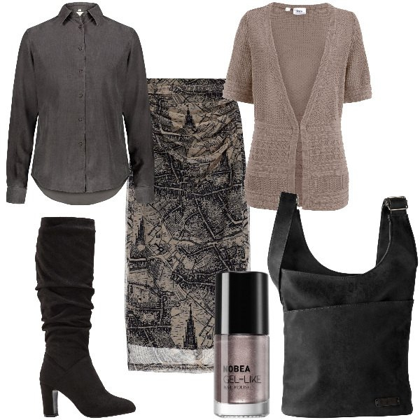 Outfit donna - Total look #1804608. Stile Boho per Tutti i giorni. Abbinamento con borse a tracolla, cardigans, stivali sopra il ginocchio, smalti, gonne longuette, camicie.