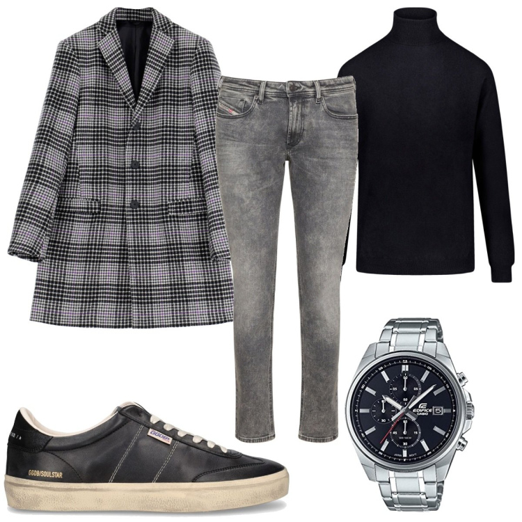 Outfit uomo - Total look #1804612. Stile Trendy per Tutti i giorni. Abbinamento con cappotti, maglieria, orologi, jeans skinny, sneakers.