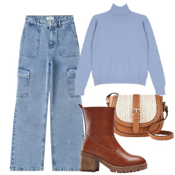 Outfit donna - Per la primavera. Stile Trendy per Tutti i giorni. Abbinamento con stivaletti, borse a tracolla, jeans, maglieria.