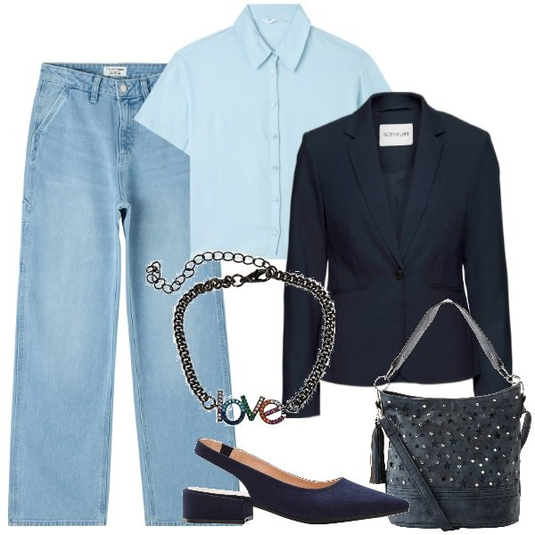 Outfit donna - A primavera. Stile Trendy per Tutti i giorni. Abbinamento con blazer, borse a tracolla, décolleté, camicie a manica corta, jeans, braccialetti.