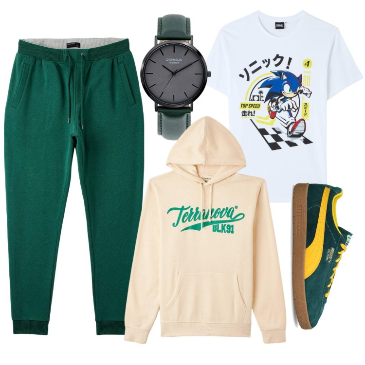 Outfit uomo - Resto in tuta.. Stile Urban per Tutti i giorni. Abbinamento con t-shirt, felpe con cappuccio, pantaloni, orologi analogici, sneakers.