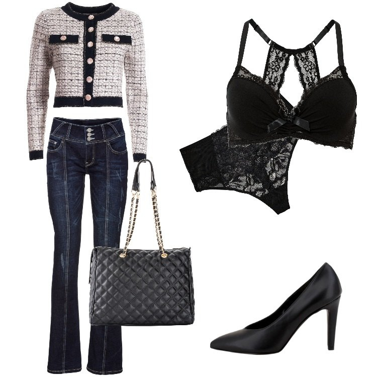 Outfit donna - Total look #1804633. Stile Sporty chic per Ufficio. Abbinamento con jeans bootcut, shopping bag, reggiseni, perizomi, blazer, décolleté.