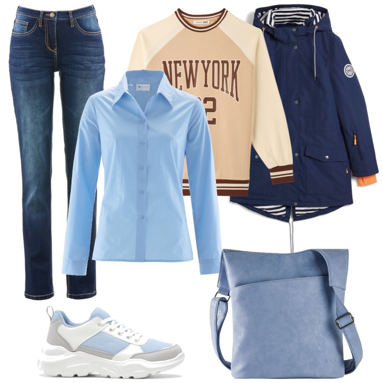 Outfit donna - Camicia e jeans. Stile Sporty chic per Tutti i giorni. Abbinamento con jeans dritti, camicie, sneakers, blazer, borse a tracolla, felpe.