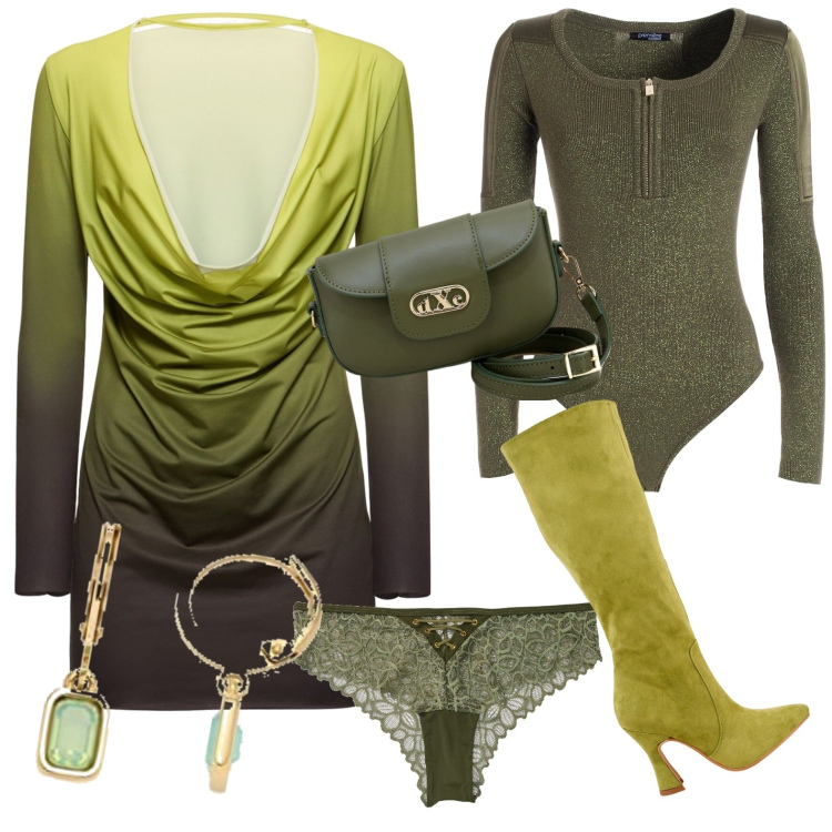 Outfit donna - Sexy in verde. Stile Casual chic per Serata fuori. Abbinamento con culotte, stivali, pochette, body, vestiti, orecchini.