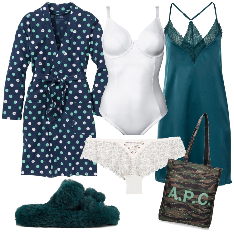 Outfit donna - Abbigliamento per casa. Stile Casual per Tutti i giorni. Abbinamento con culotte, vestaglie, sottovesti, body, ciabatte, shopping bag.