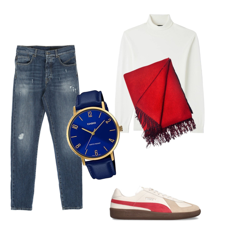 Outfit uomo - Il pullover bianco. Stile Trendy per Tutti i giorni. Abbinamento con maglieria, jeans dritti, sciarpe, orologi, sneakers.