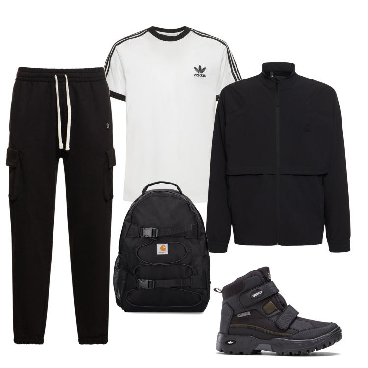 Outfit uomo - Gita in montagna. Stile Urban per Sport. Abbinamento con stivali e stivaletti, giacche sportive, borse sportive, pantaloni cargo, t-shirt.