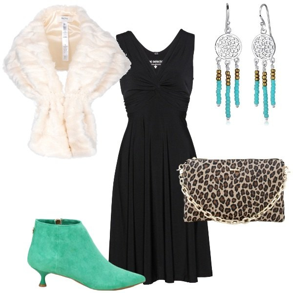 Outfit donna - morfologia a A. per Serata fuori. Abbinamento con vestiti, pochette, stivaletti, stole, orecchini.