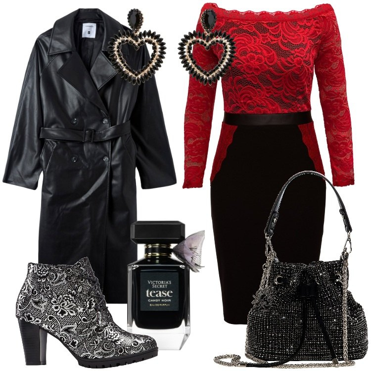 Outfit donna - Romantica si ma dark. Stile Romantica per Serata fuori. Abbinamento con vestiti a tubino, stivaletti, profumi, trench, borse a secchiello, orecchini.