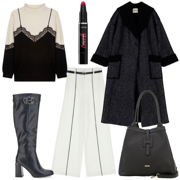Outfit donna - Il fit over. Stile Trendy per Tutti i giorni. Abbinamento con rossetti, pantaloni a palazzo, borse a secchiello, cappotti, maglieria, stivali.