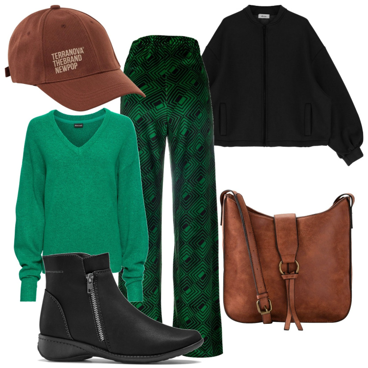 Outfit donna - Velluto geometrico. Stile Casual per Tutti i giorni. Abbinamento con maglieria, borse a tracolla, stivaletti, cappelli, pantaloni a palazzo, cappotti.