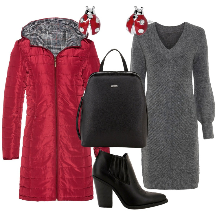 Outfit donna - Qualcosa di rosso. Stile Basic per Ufficio. Abbinamento con vestiti, blazer, orecchini, zaini, stivaletti.