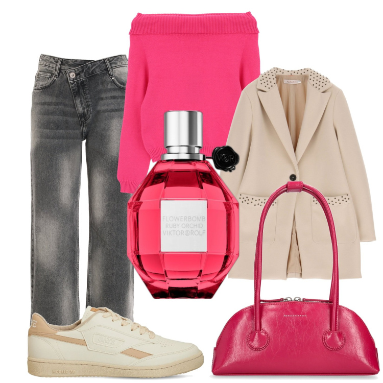 Outfit donna - La rosa nera. Stile Sporty chic per Tutti i giorni. Abbinamento con profumi, cappotti, jeans, maglieria, sneakers, borse a spalla.