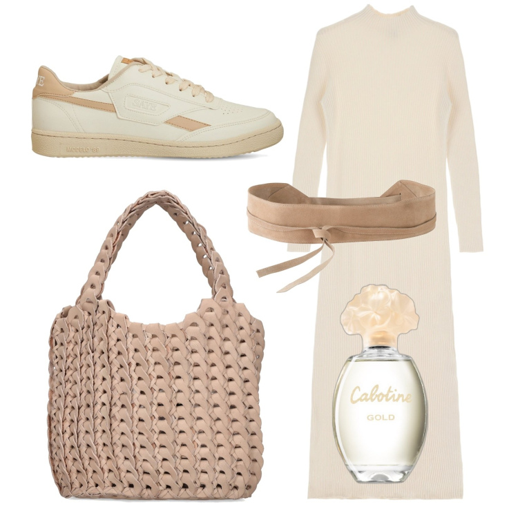 Outfit donna - Un pomeriggio a Capri. Stile Trendy per Tutti i giorni. Abbinamento con cinture, profumi, vestiti midi/longuette, sneakers, borse a mano.