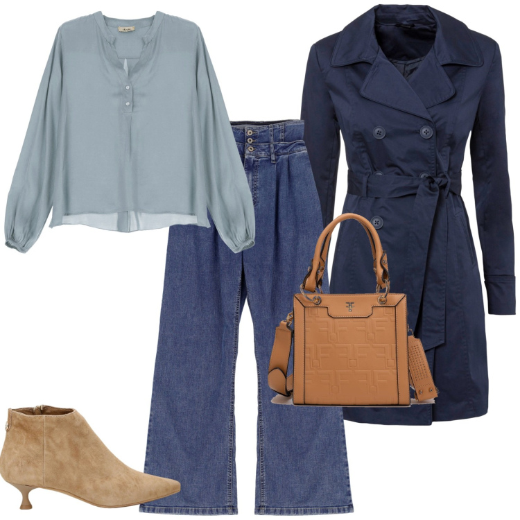 Outfit donna - Un caffè in centro. Stile Casual chic per Tutti i giorni. Abbinamento con trench, borse tote, jeans, camicie, stivaletti.