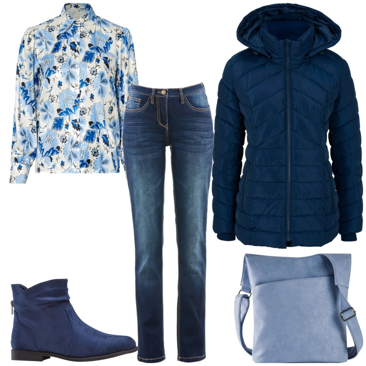 Outfit donna - Con le amiche. Stile Casual per Tutti i giorni. Abbinamento con giacche, jeans dritti, stivaletti, camicie, borse a tracolla.