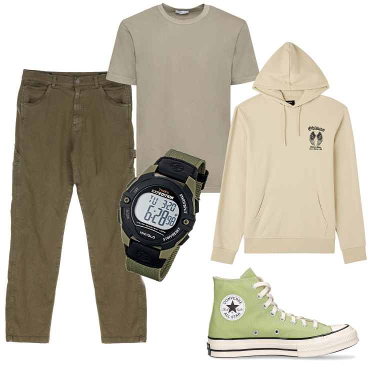 Outfit uomo - Le Converse verde chiaro. Stile Urban per Tutti i giorni. Abbinamento con felpe con cappuccio, pantaloni, orologi digitali, sneakers, t-shirt.