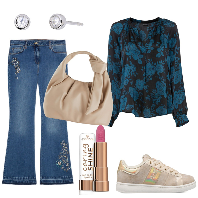 Outfit donna - Oversize trend. Stile Sporty chic per Tutti i giorni. Abbinamento con borse a mano, tuniche, rossetti, orecchini, sneakers, jeans.