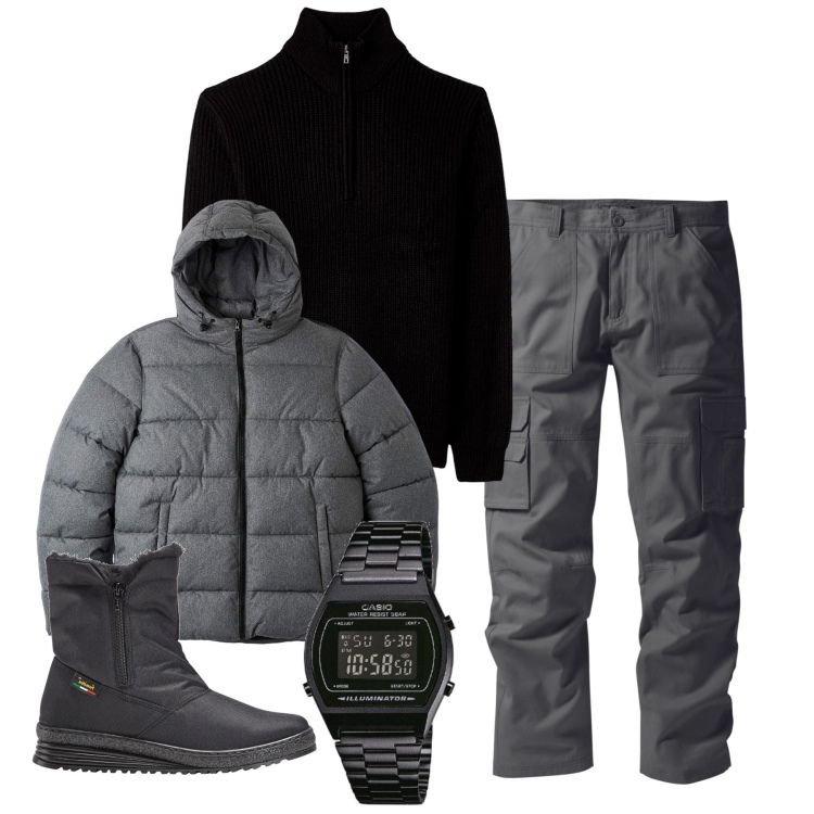 Outfit uomo - Inverno - nevica. Stile Urban per Tutti i giorni. Abbinamento con stivali e stivaletti, pantaloni cargo, maglieria, piumini, orologi digitali.