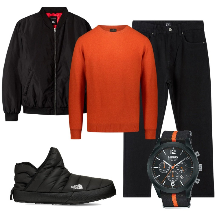 Outfit uomo - Colore caldo. Stile Urban per Tutti i giorni. Abbinamento con pantaloni, bomber, orologi, stivali, maglieria.