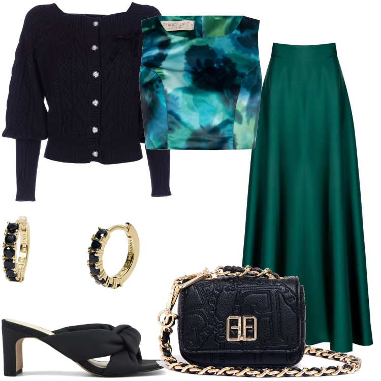 Outfit donna - Serata in lungo. Stile Chic per Serata fuori. Abbinamento con orecchini, cardigans, marsupi, top, gonne lunghe, sandali col tacco.