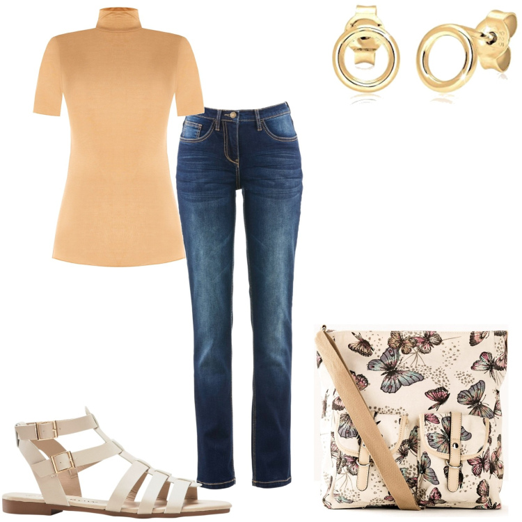 Outfit donna - Semplice in jeans. Stile Trendy per Tutti i giorni. Abbinamento con jeans dritti, borse a tracolla, sandali, top, orecchini.